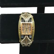 Heidi Daus Crystal Faux Pearl Watch Clamper Bracelet Art Deco Brass Tone Heidi Daus Crystal Faux Pearl Watch Clamper Bracelet Art Deco Brass Tone