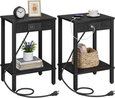 VIMBER Set of 2 End Table with Charging Station, Narrow Side 2 Set, Black 