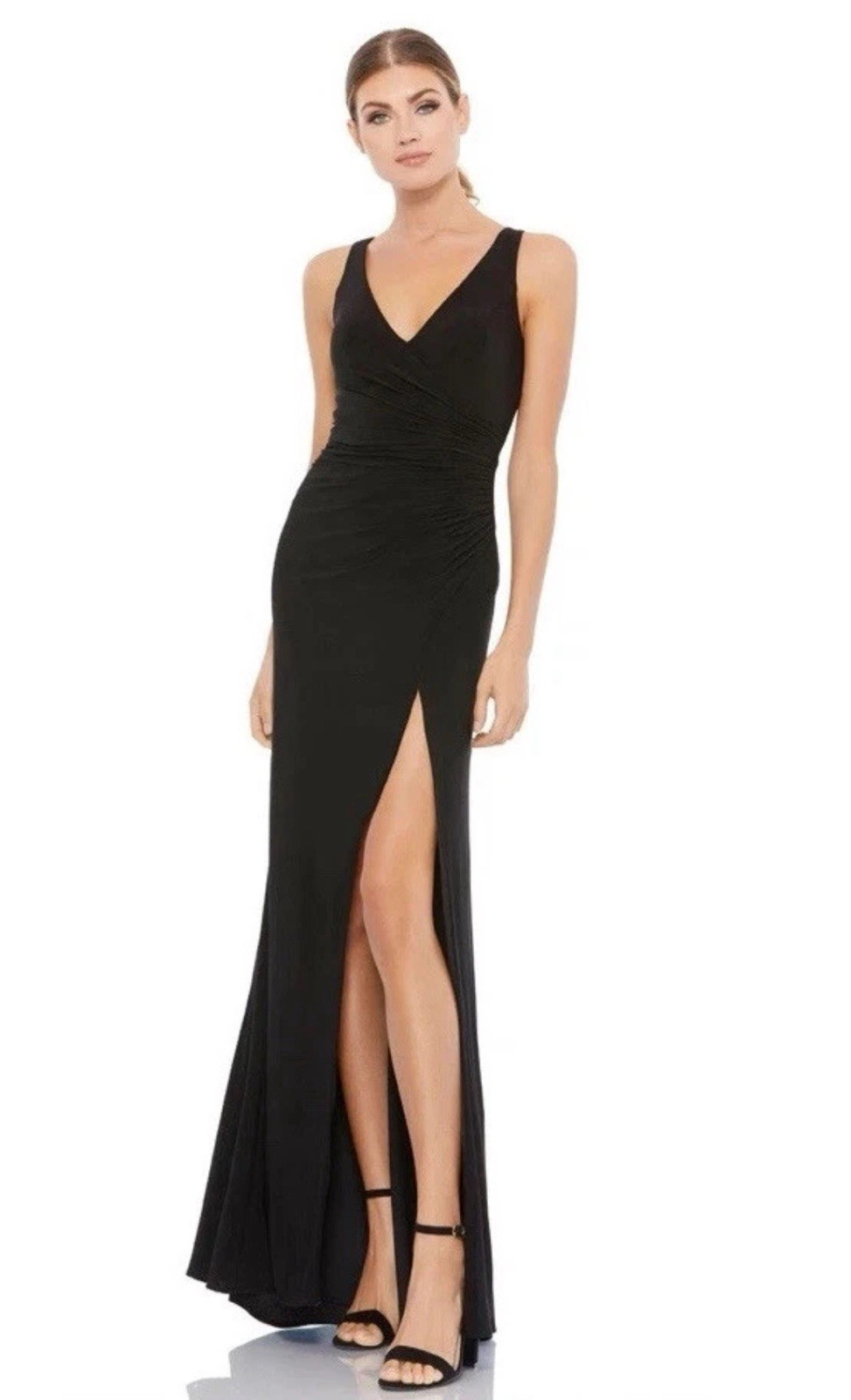 MAC DUGGAL 26513 NWT FAUX WRAP SLEEVELESS V-NECK BLACK GOWN SIZE 10