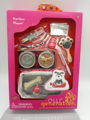 Battat Our Generation Pet Care Playset Food Dishes Pet Bed Toys Collar Brush NIB