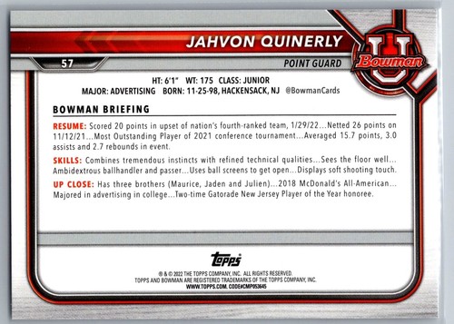 2021-22 Bowman University #57 Jahvon Quinerly 1st Paper NCAA Basketball Card - Bild 2 von 2