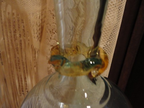 Blenko Blue Art Glass Vase with applied Amber Ring Ruffled Rim 7 in tall Vintage - Picture 4 of 8
