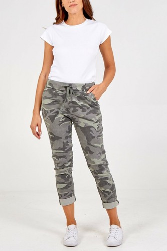 Ladies Khaki Camo Magic Pants Trousers Joggers Lagenlook Italy UK 10-16 - Picture 3 of 4