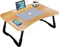 Laptop Bed Desk, Foldable Laptop Lap Desk Tray Table with USB Charge Port, Wood