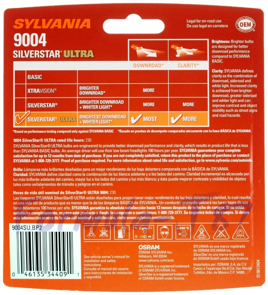 Sylvania SilverStar Ultra 9004 HB1 65/45W Two Bulbs Head Light Replacement Stock — 第 3/4 张图片