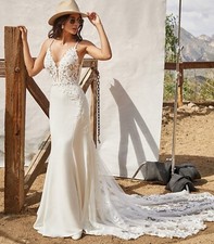 New Crepe lace Bridal Dress buttons Ivory Skin Straps Custom made w.Train