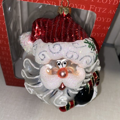 FITZ AND FLOYD Glas SANTA Gesicht Kopf Weihnachtsschmuck mit Originalkarton