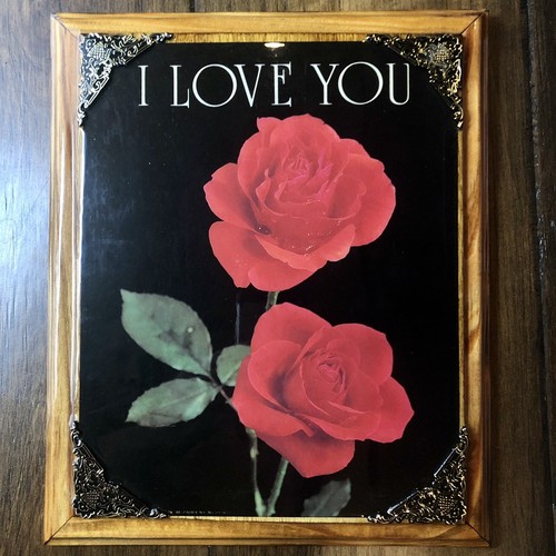 "I Love You" Red Roses Art Print Framed on Wood Vintage 9.75 x 11.5" Hangs