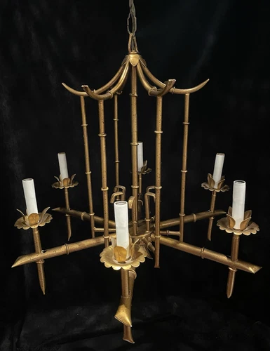 Faux Bamboo Pagoda Chandelier Vintage Hollywood Regency Gold Italian Tole