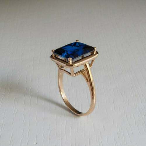 3Ct Emerald Cut Blue Sapphire Solitaire Engagement Ring 14K Yellow Gold Finish - Picture 2 of 5