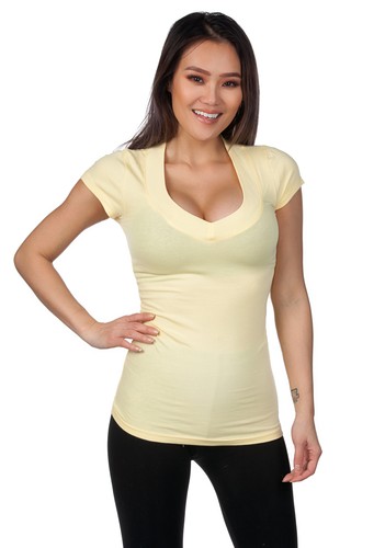 Color Story Ladies Wide Band V-Neck Fitted Capsleeve Tee Tshirt #1527 - Picture 13 of 23