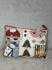 Vintage Patchwork Primitive Christmas Pillow With Santa Tree Reindeer 10" x 7"