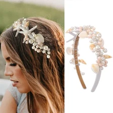 Starfish Headband Silver Bride Pearl Hair Band Sea Shell Headpiece Beach Wedd...