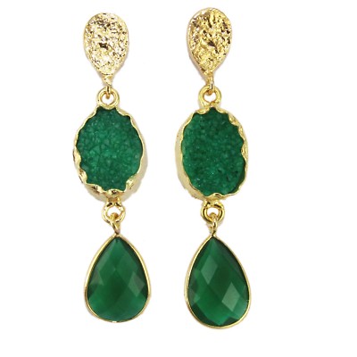 Multi Chalcedony Natural Sugar Druzy Gold Plated Texture Finish Earrings Jewelry