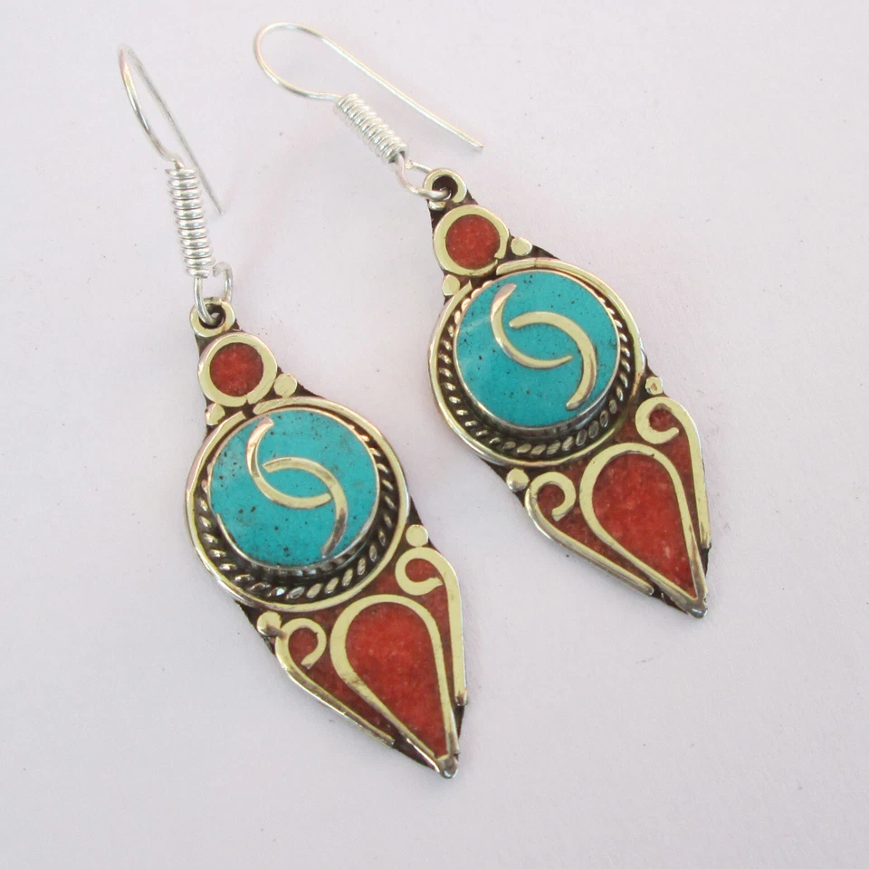 Pendientes Tribales Genuinos Turquesa Coral Multicolor para Mujer Festival Joyería Foto 2 de 4