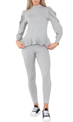 Damen Puffärmel Rüschensaum gerippt Top & Legging 2-teiliges Set Loungewear Trainingsanzug - Bild 9 von 19