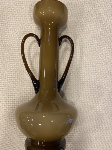 Empoli Rare Italian Art Glass Brown & amber Vase 12.5” With Glass HANDLES MCM - Picture 10 of 18