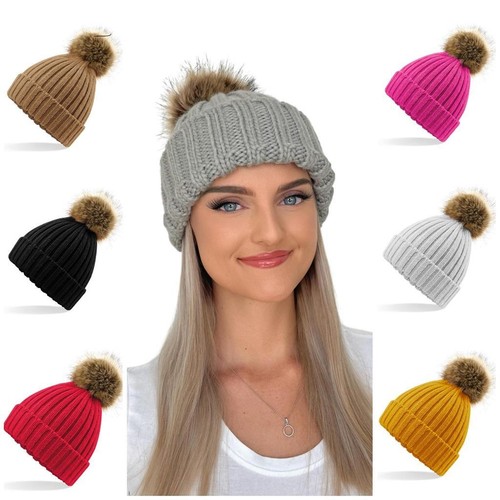 Mens Ladies Womens Winter Knitted Beanie Hats Faux Fur Bobble Pom Warm Ski Cap - Picture 8 of 14