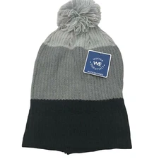 Winter Essentials Women's One Size Black/Gray Stripes Knit Beanie Hat Pom New