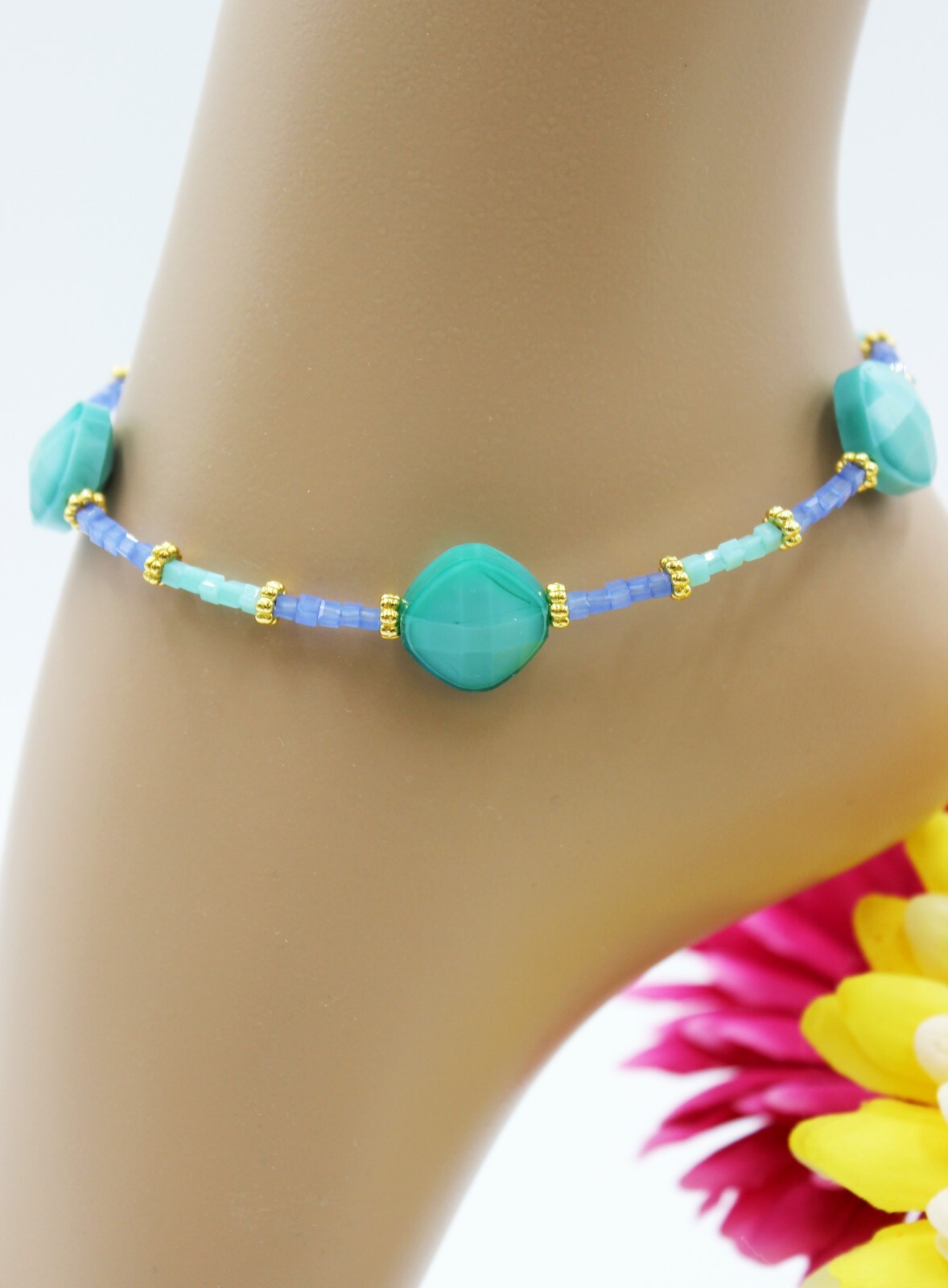 Hippie Turquoise Beaded Gold Anklet for Women Size S KA074