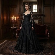 Gothic Black Wedding Dress V-Neck Long Sleeves Floral Lace Applique Bridal Gowns