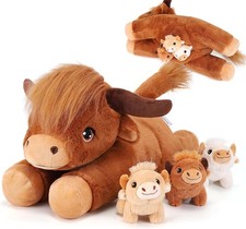 4 Pieces Highland Cow Stuffed Animals - 1 Mommy Stuffed Highland Cow with 3 Babi