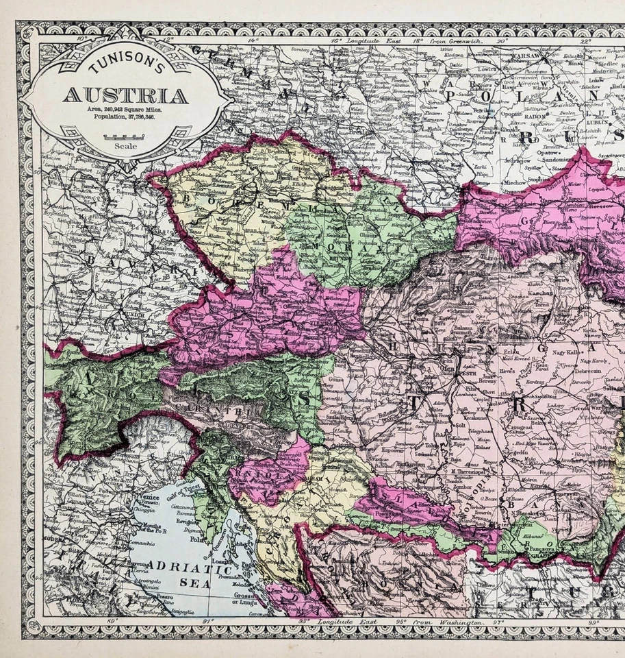 Mapa da ÁUSTRIA 1887 ORIGINAL (12X9) TIROL - VIENA - BOÊMIA - CROÁCIA - Imagem 2 de 4
