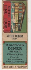 American Diner-Willimantic-Connecticut-CT-Vintage Bobtail Match Cover-No Striker