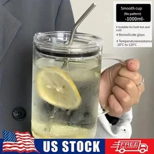 1000ml Transparent Direct Drinking Cup Portable Water Bottle Cup Glass W/ Straw