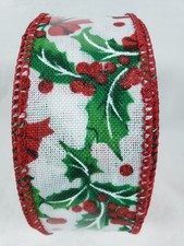 NEW Holiday Wired Edge RIBBON 1.5" x 30' White Fabric with Holly Pattern