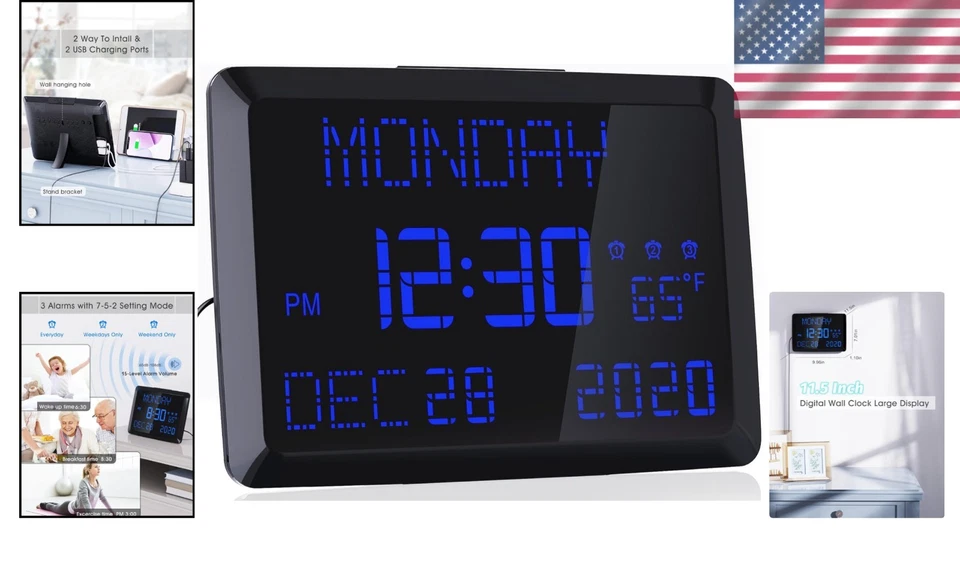 11.5" Large LED Clock with Date & Temperature - Image 2 of 4