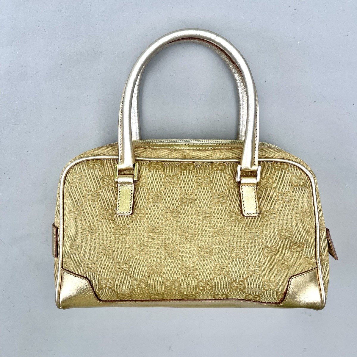 GUCCI ゴールド パーティーバッグ Gucci GG Canvas Handbag Bowler Satchel Tote Bag Gold Metallic Top