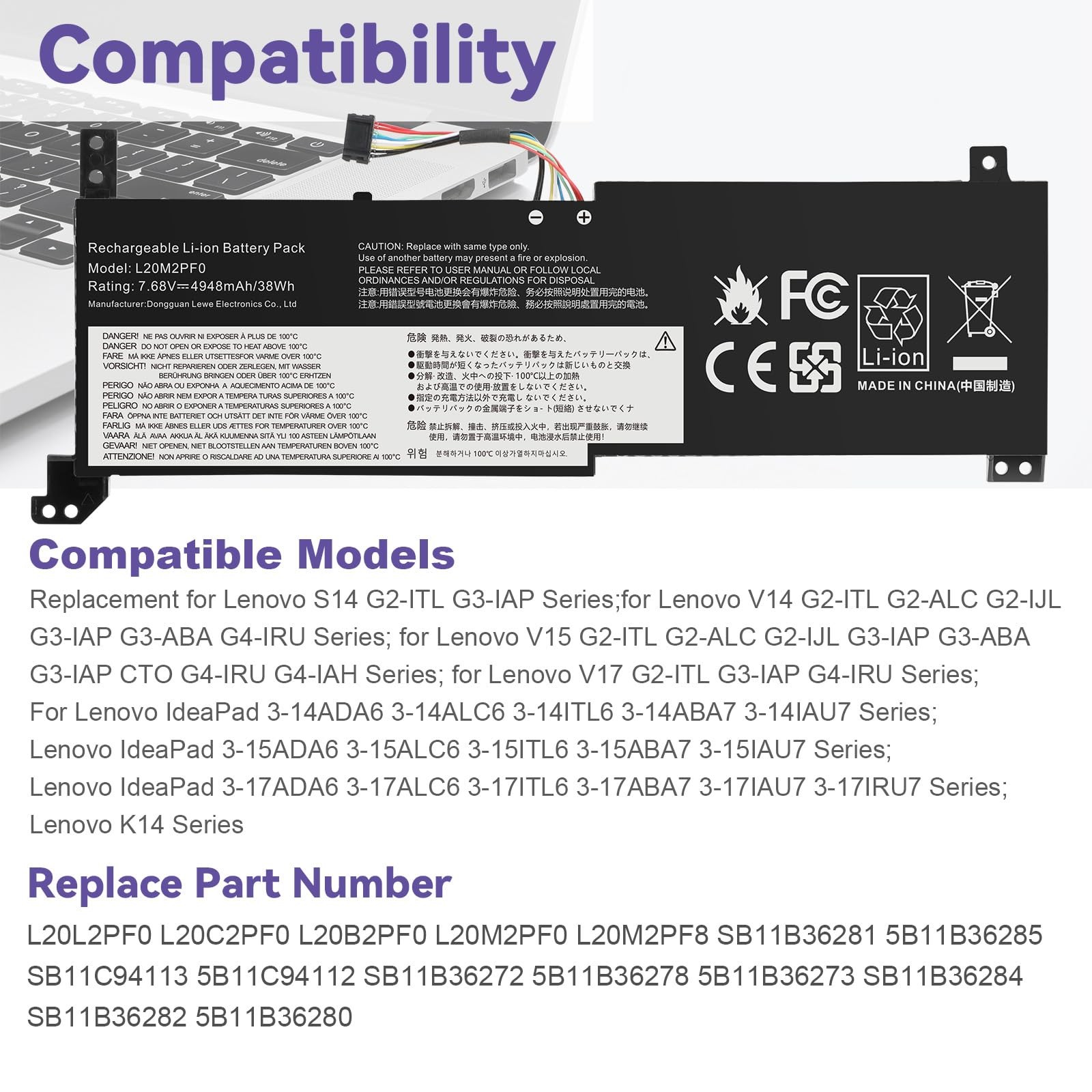 ASUNCELL 7.68V/38Wh L20M2PF0 Batteria del computer portatile per Lenovo S14 G2 - 3