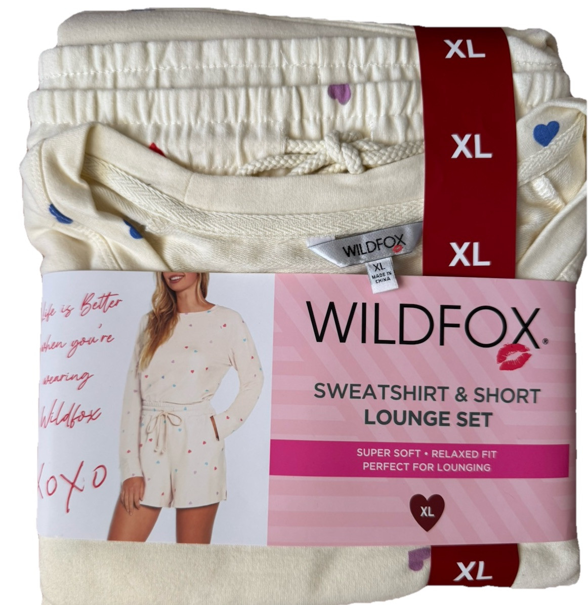 NWT Wildfox  Sweatshirt & Short Lounge Set Ivory Size XL  NEW w/tags Heart Print