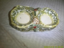 VINTAGE PORCELAIN SALT PEPPER STAND HOLIDAY PINE BRANCH HOLLY THEME