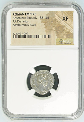 Roman Empire - Antoninus Pius Posthumous issue AD 161 Silver AR Denarius NGC XF