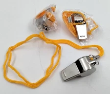 New 3-pk Metal Referee Coach Sports Whistle Extra Loud Whistle w/Orange Lanyard