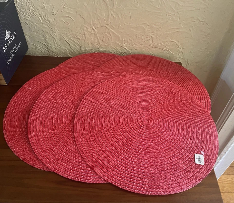 Set of 6 Crate & Barrel 15" Round Faux Ratan Pink Placemats Never Used With Tags - Image 3 of 3