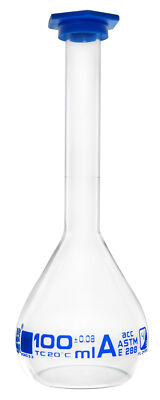 Eisco Labs 100ml Volumetric Flask with Snap Cap, Class A - Blue Graduation Mark