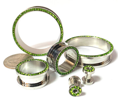 PAIR Cubic Zirconia Gem Rimmed Steel Screw Fit Tunnels Plugs Earlet Gauges