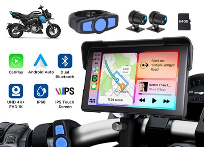 7 Zoll Motorrad Autoradio Kabellos Carplay Android Auto 4K+1K Dashcam TPMS IP68