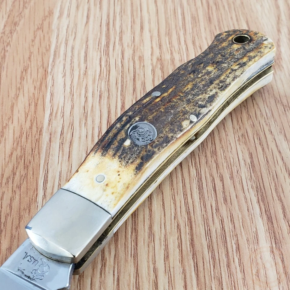 Cuchillo Plegable Queen Satinado 1095HC Acero Clip Punta Hoja Quemado Ciervo Cuerno Mango Foto 4 de 4