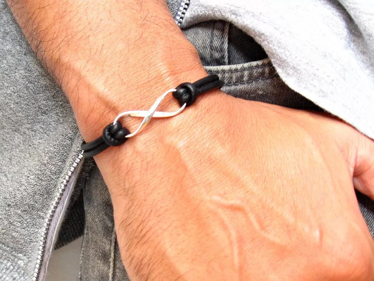 925 sterling silver infinity black leather bracelet bangle wrap men  handmade new | eBay