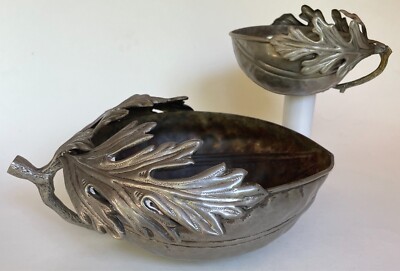 RARE c1970s Signed Pair of Gabriella Crespi Metalware Noci Acorn Leaf Bowls