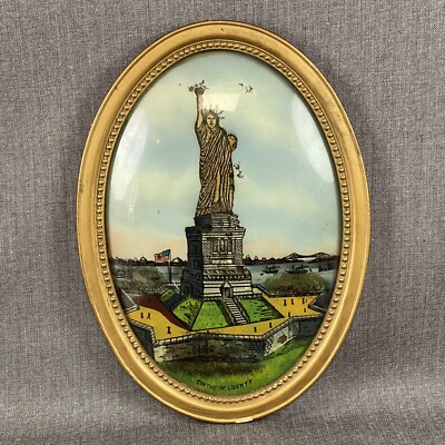 Vintage Reverse Painted Glass Statue of Liberty Oval Convex Bubble Glass Art