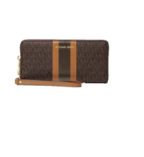MICHAEL Kors Log Striped Co Wallet Wristlet Brown /Acorn New with Imperfections
