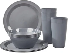  Newport Plastic Plate, Bowl and Tumbler Dinnerware Set for 4 in Grey Gray