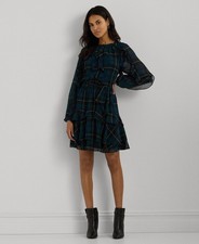 Lauren Ralph Lauren Women's Plaid Ruffle-Trim Georgette Tiered Dress Size 14