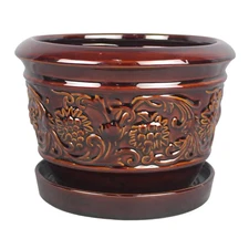 10 In. Dia Brown Rustic Damask Ceramic Planter