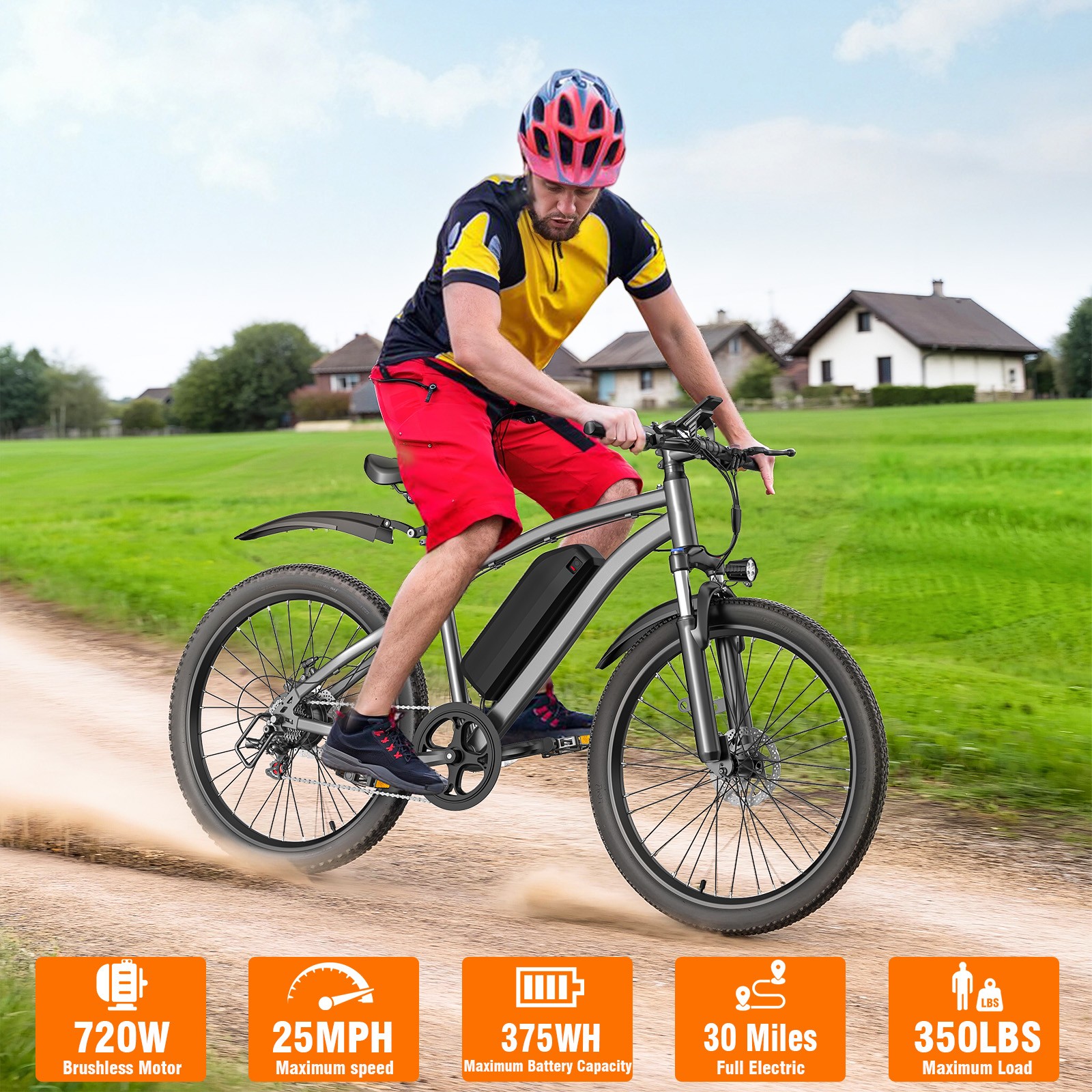 26" Electric Mountain Bike 720W 36V Battery, 30Miles E-Bike for Adults and Teens